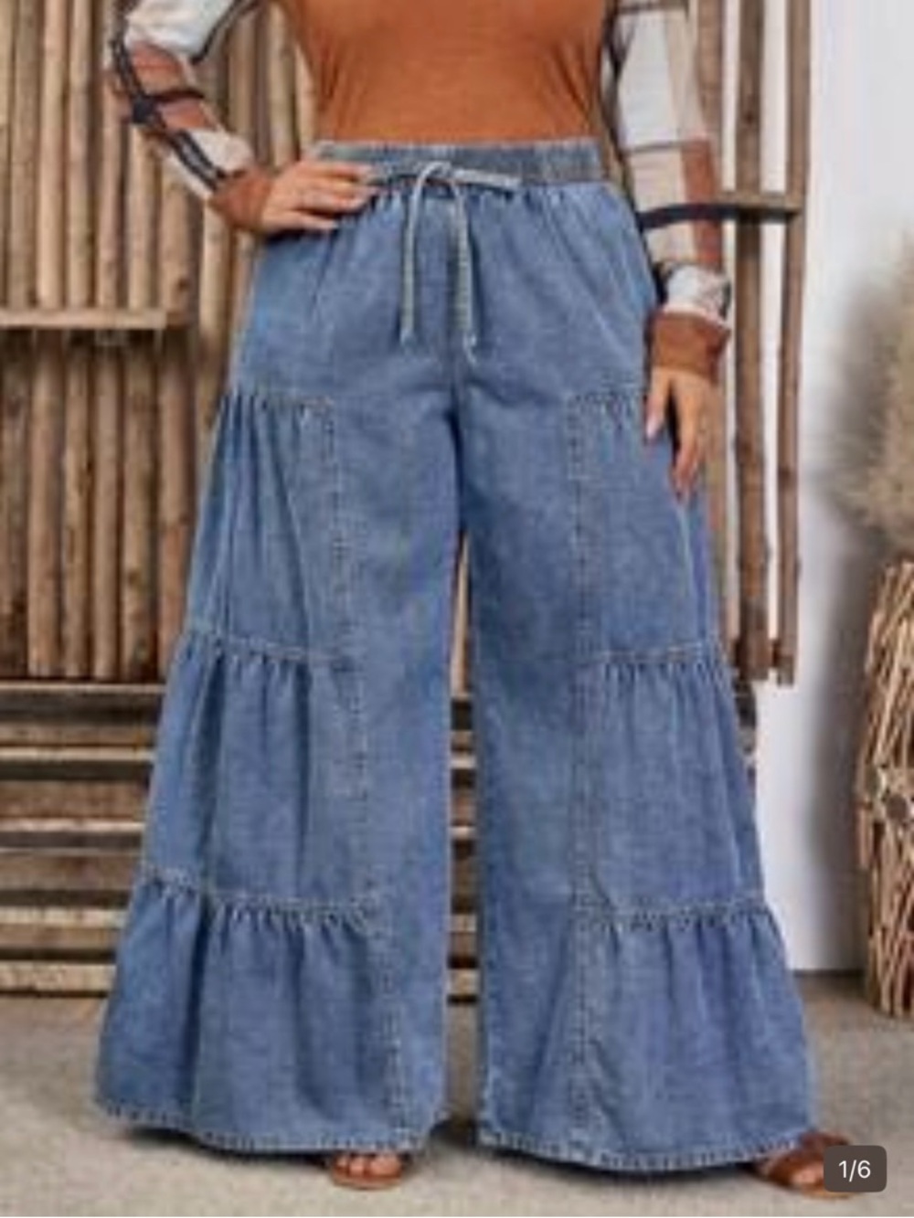 SHEIN Blue Tiered Wide-Leg Denim Pants